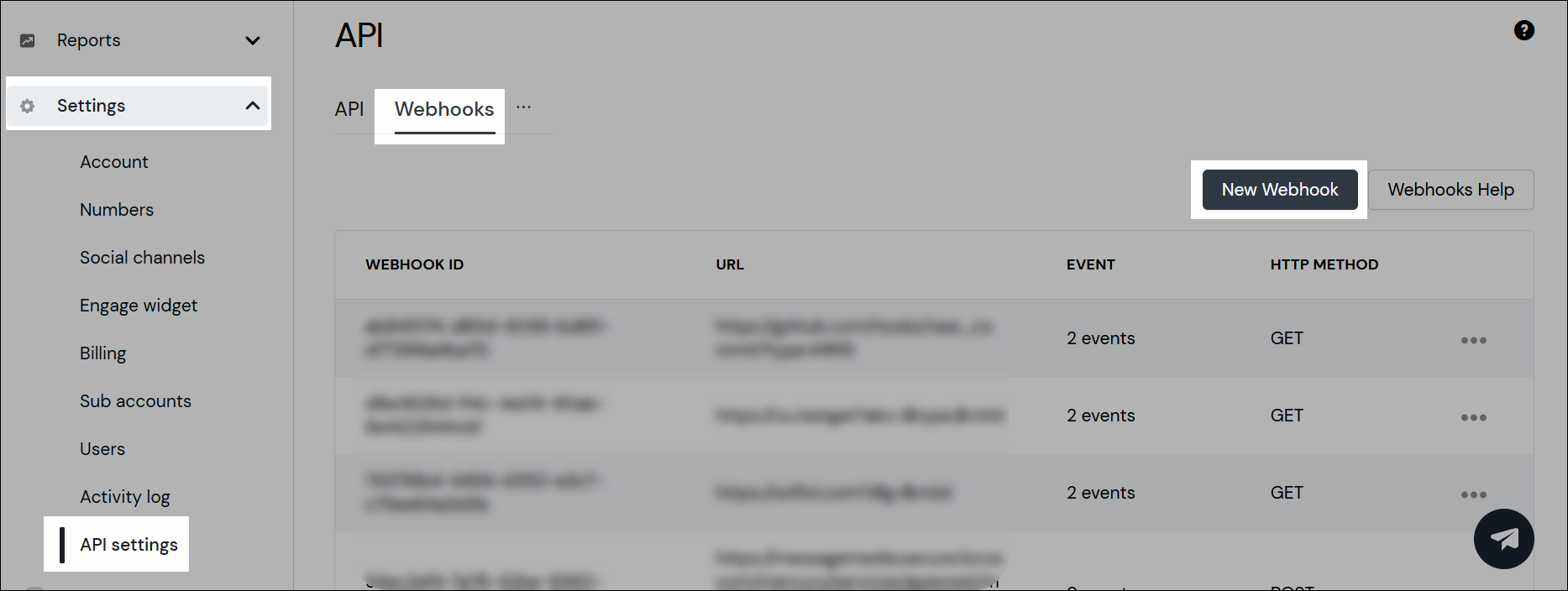 Capture d'écran de la navigation des webhooks.