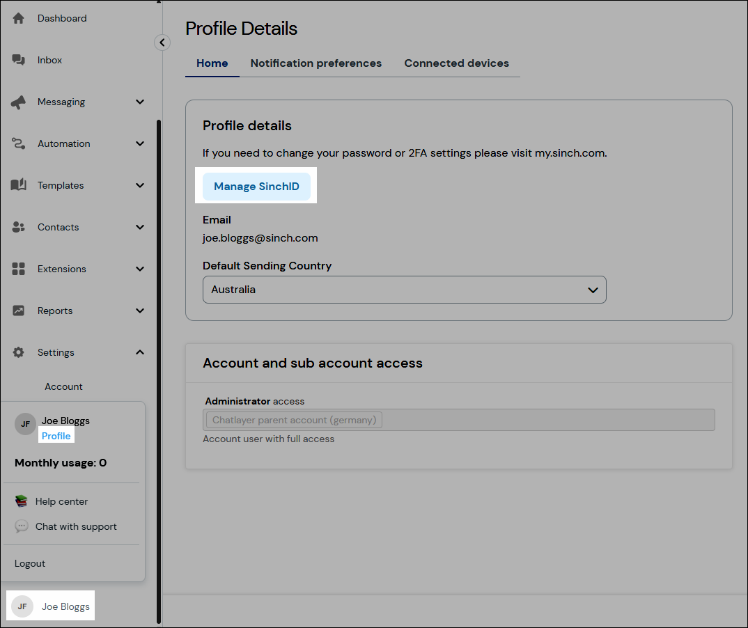 Screenshot der Position des Buttons "SinchID verwalten"