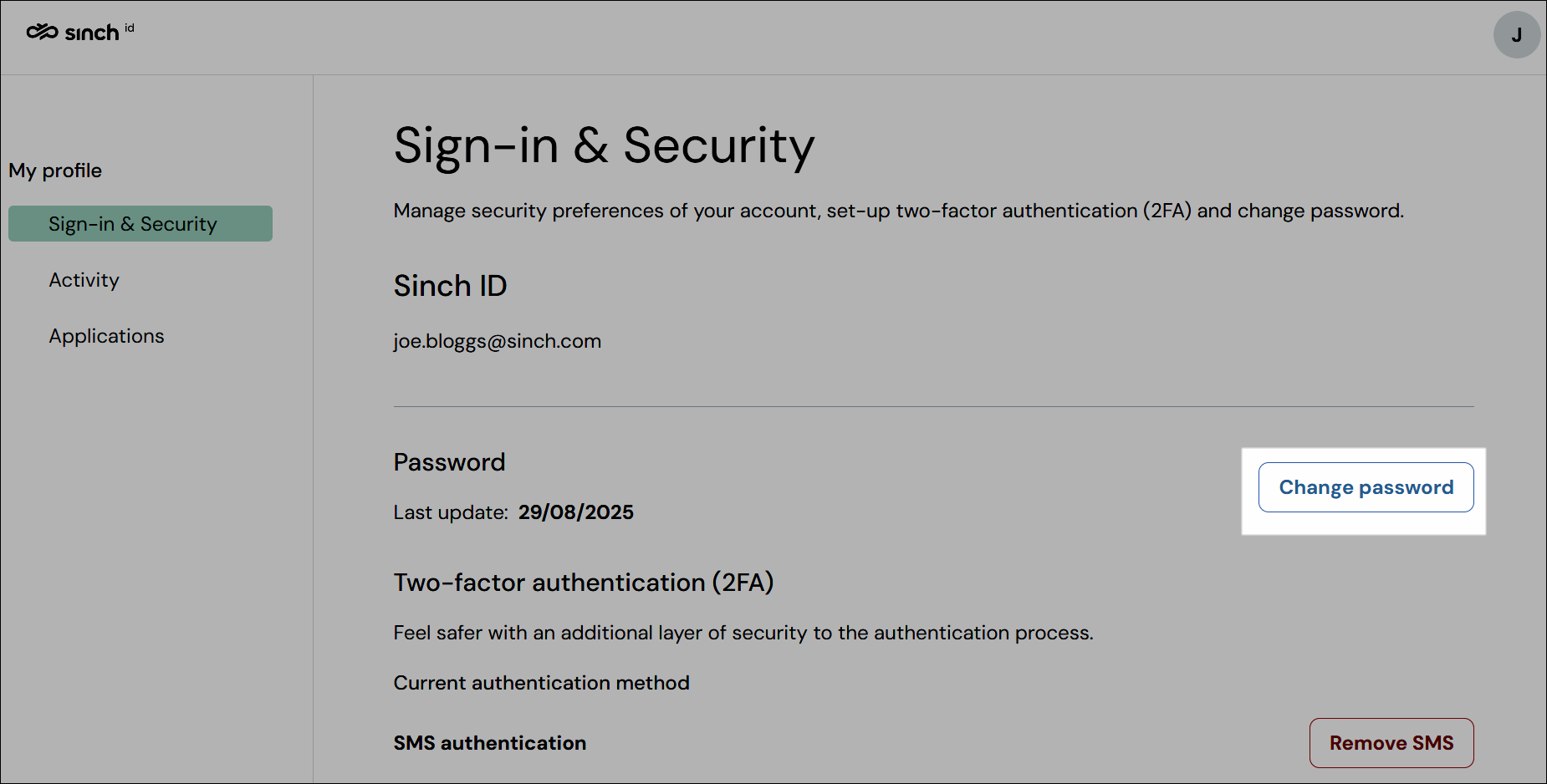 Screenshot des Buttons zum Ändern des Passworts im Selbstverwaltungsportal von Sinch ID