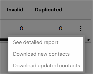 Captura de pantalla que muestra las opciones «Ver informe detallado», «Descargar nuevos contactos» y «Descargar contactos actualizados»