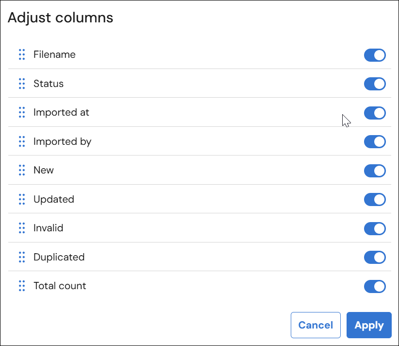 Captura de pantalla que muestra la lista de columnas ajustables, hay interruptores a la derecha de cada encabezado de columna y en la parte inferior de la página hay botones de «Cancelar» y «Aplicar».