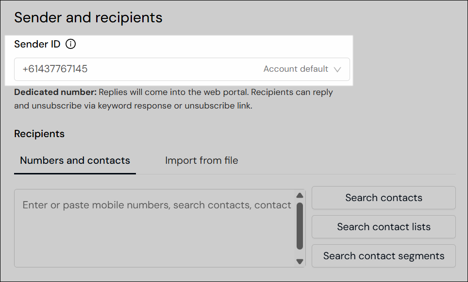 Screenshot des Absender-ID-Felds auf der Seite „Neue Nachricht“.