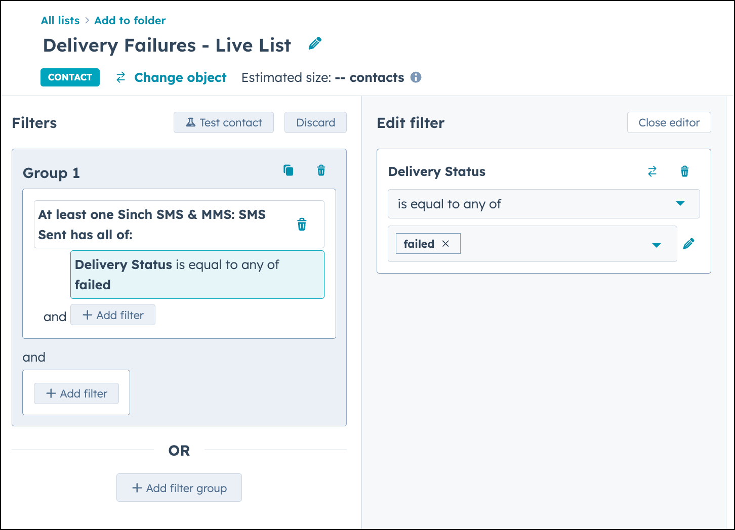 Konfiguration der aktiven Liste für Zustellungsfehler in HubSpot