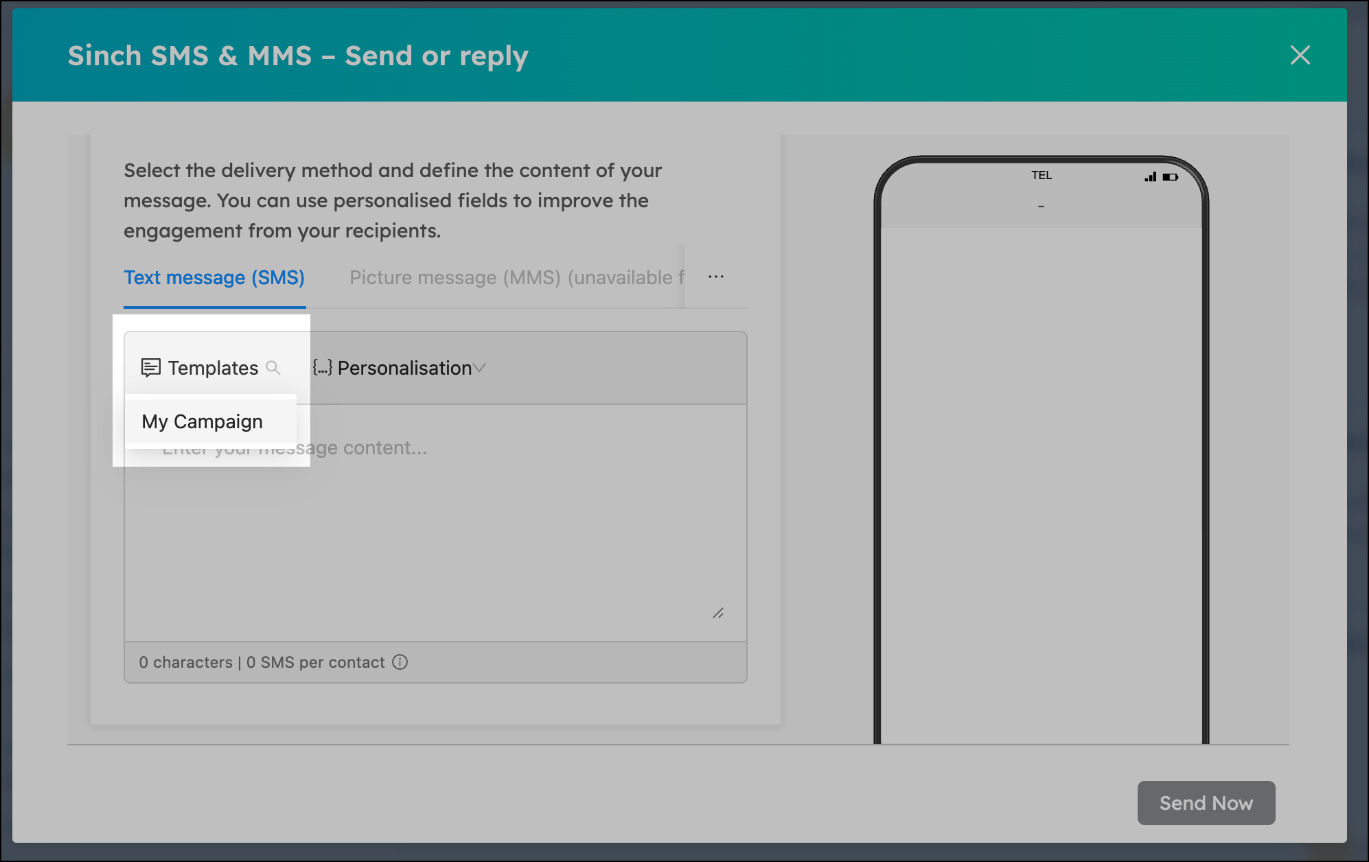 Sélection de modèle lors de l'envoi de SMS et MMS dans HubSpot.