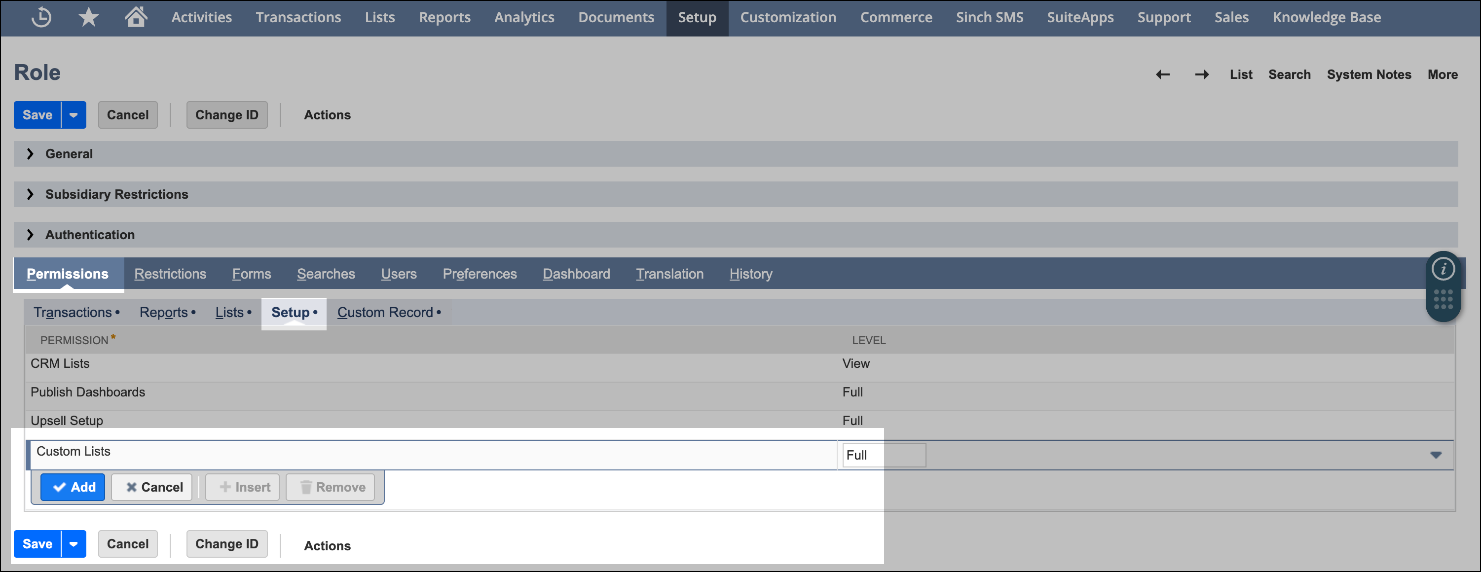 Permiso de rol para configurar listas personalizadas.