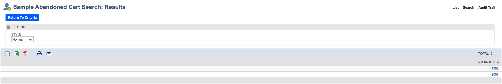 Gespeicherte Suche nach abgebrochenen Warenkörben – Ergebnisbeispiel.