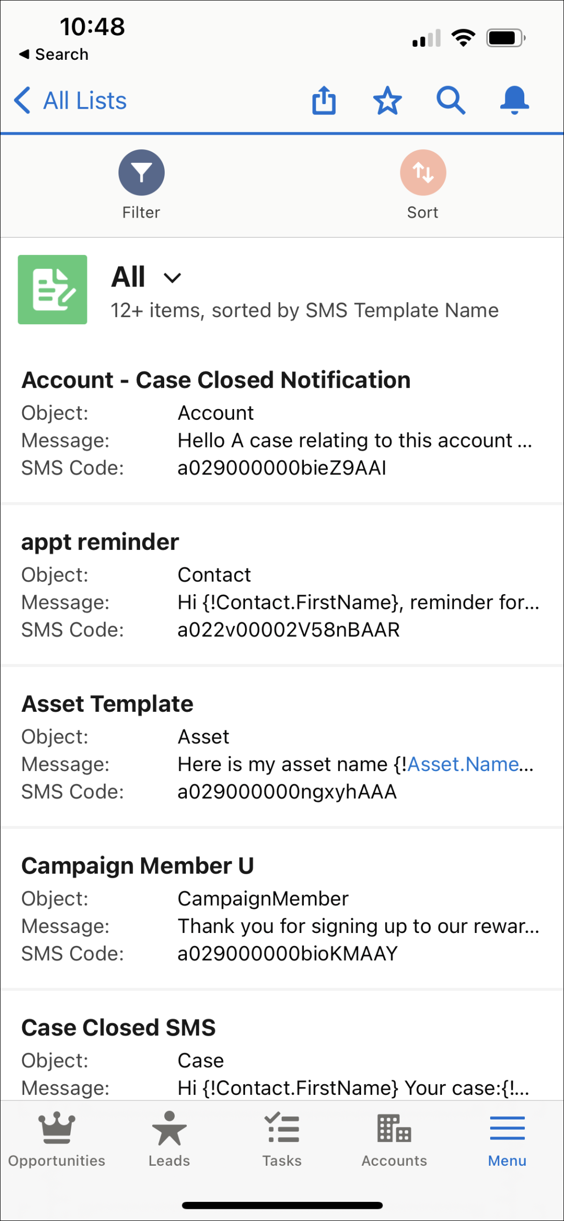 Modèles de SMS dans l'application mobile.