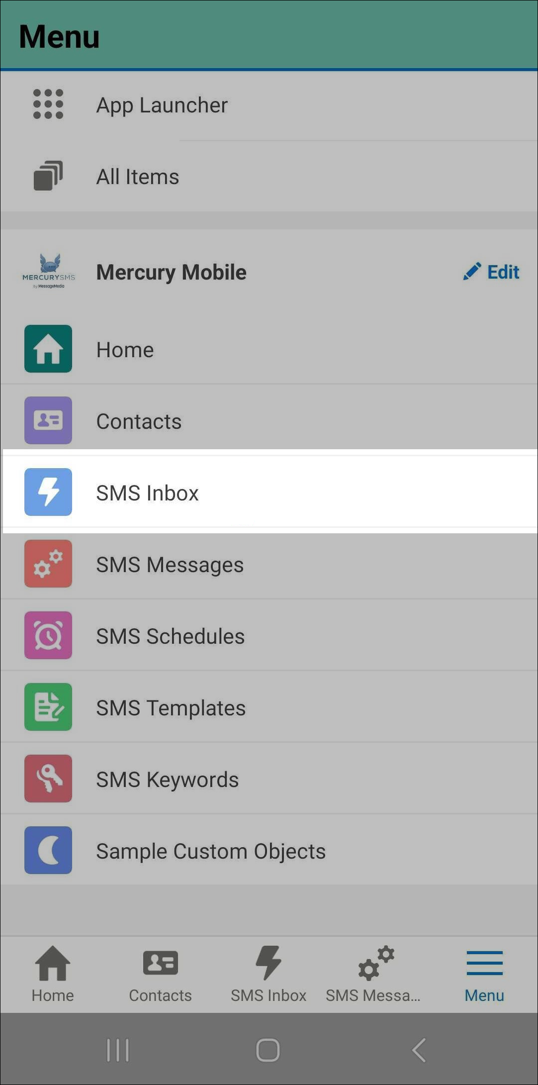 Boîte de réception SMS dans l'application mobile Salesforce.