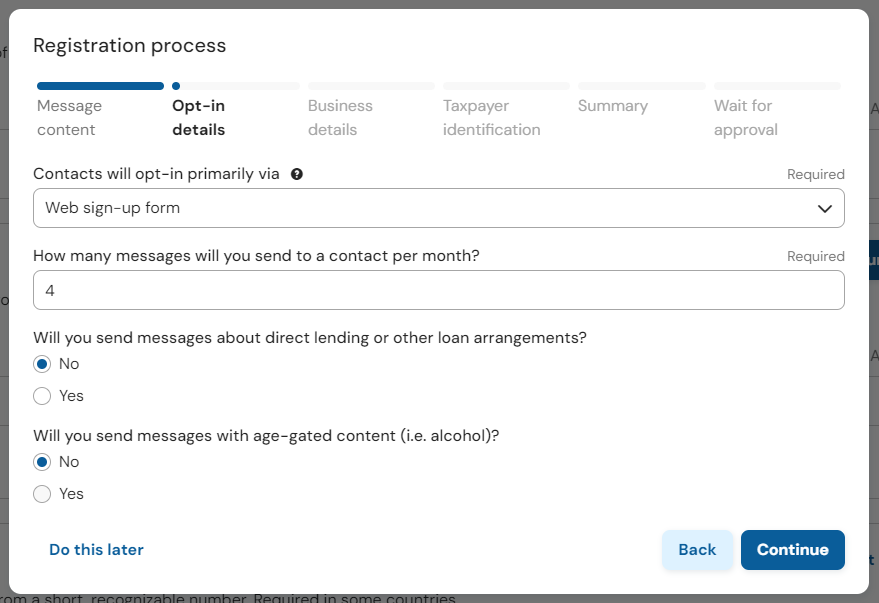 Capture d'écran des champs Détails de l'opt-in