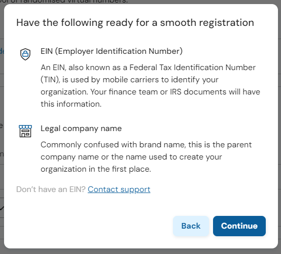 Captura de pantalla del modal EIN/nombre legal de la empresa
