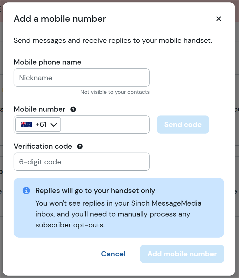 Captura de pantalla de modal de verificación para añadir un número de móvil