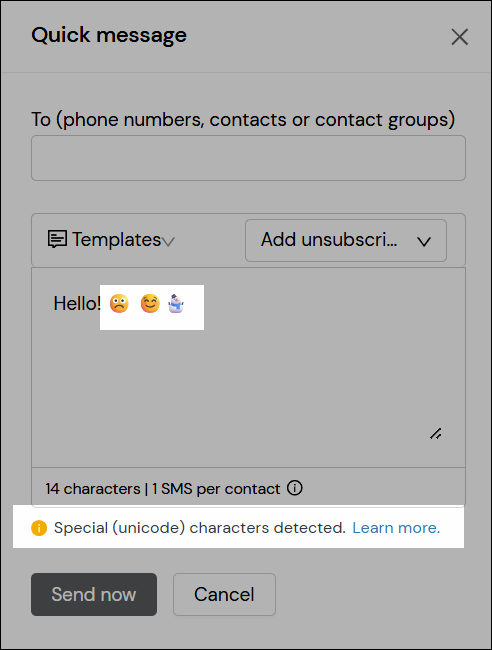 Screenshot, der die Unicode-Warnanzeige unter dem Texteditorfeld zeigt.