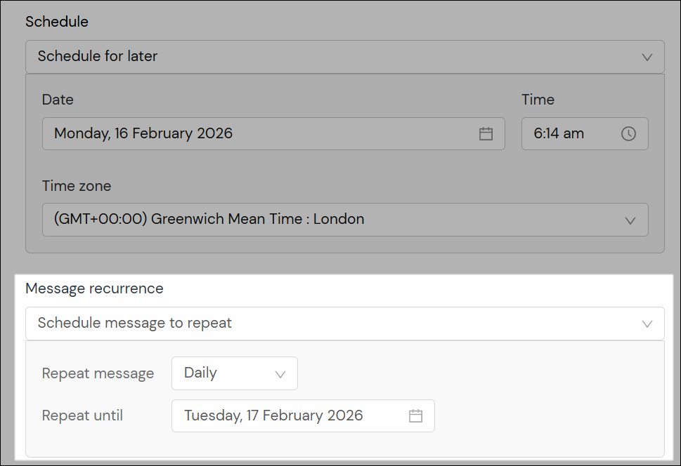 Screenshot: Dropdowns für wiederkehrende Nachrichten