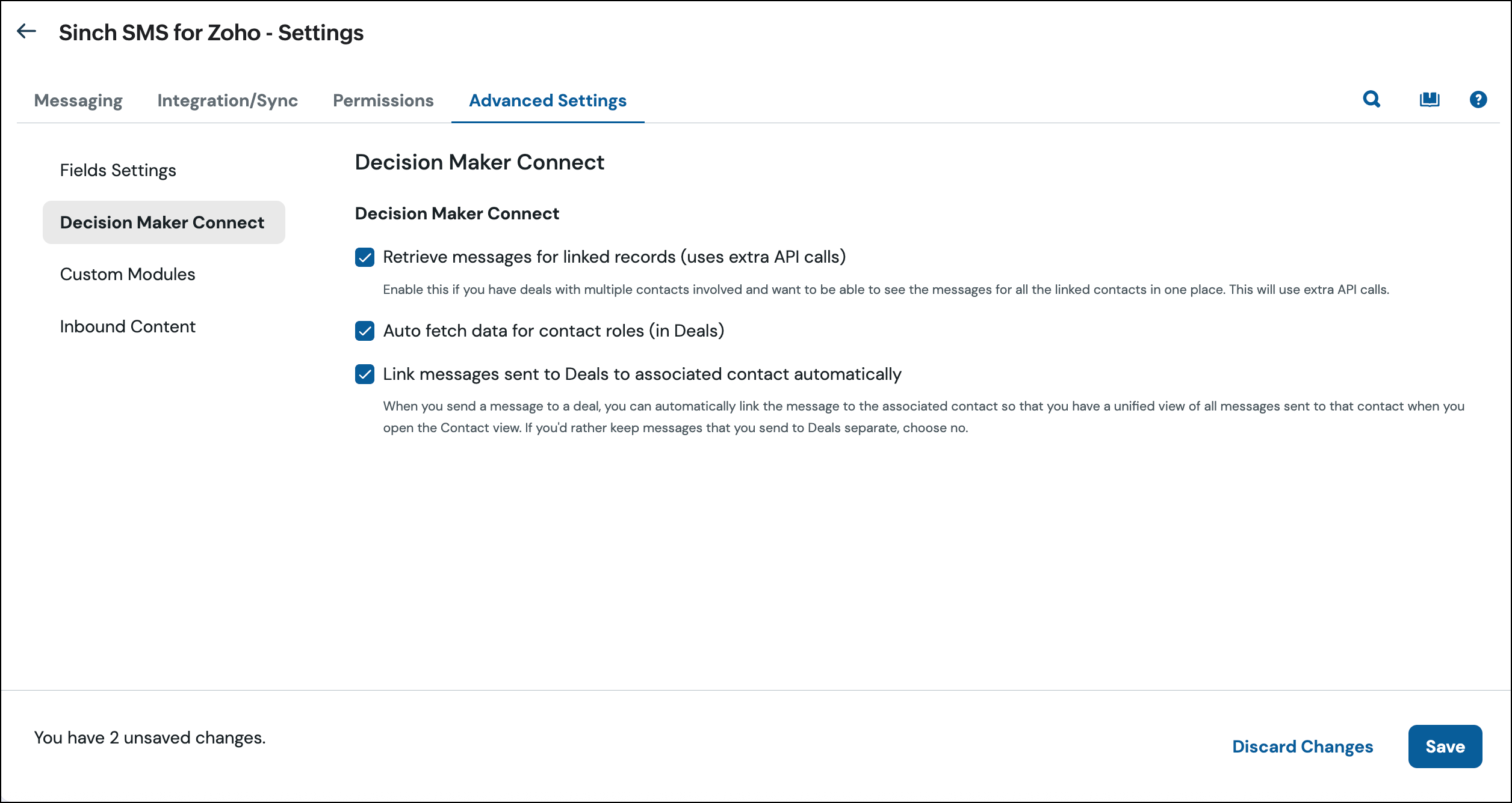 Erweiterte Einstellungen für Decision Maker Connect.