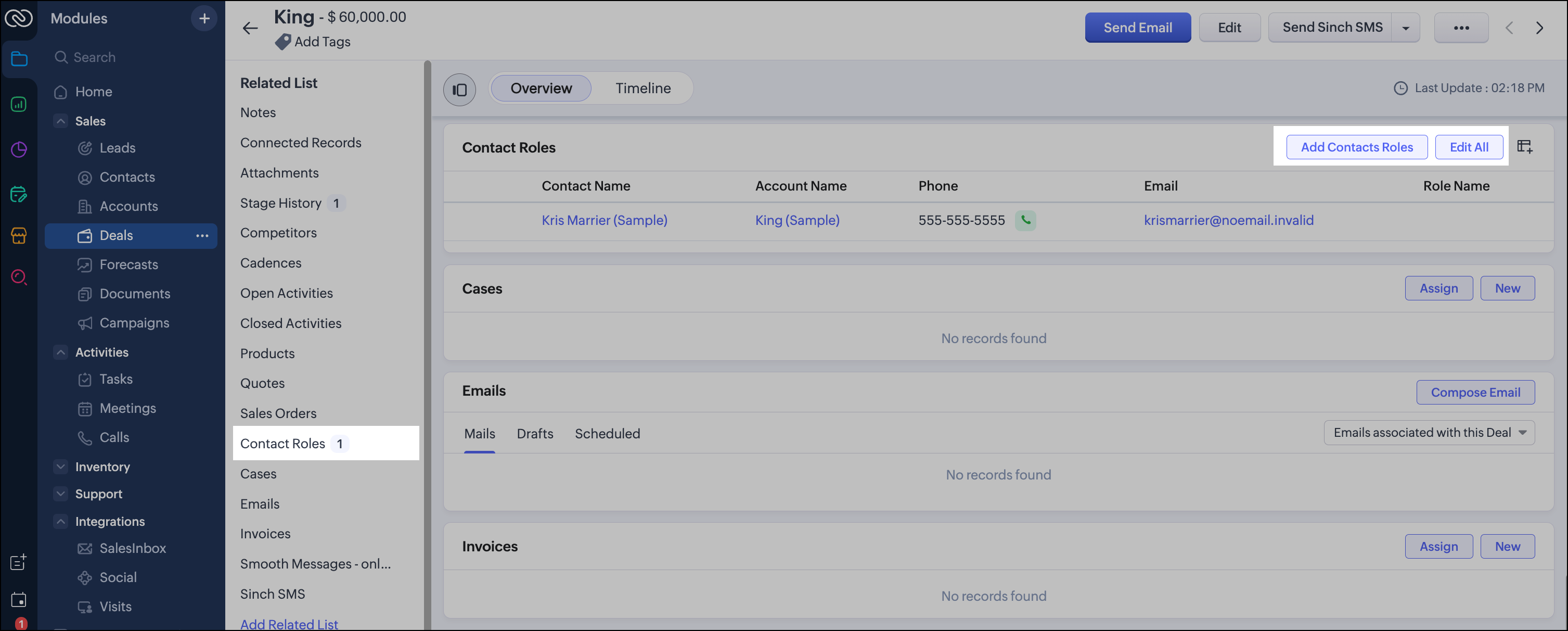 Kontaktrollen für einen Deal in Zoho CRM hinzufügen oder bearbeiten.