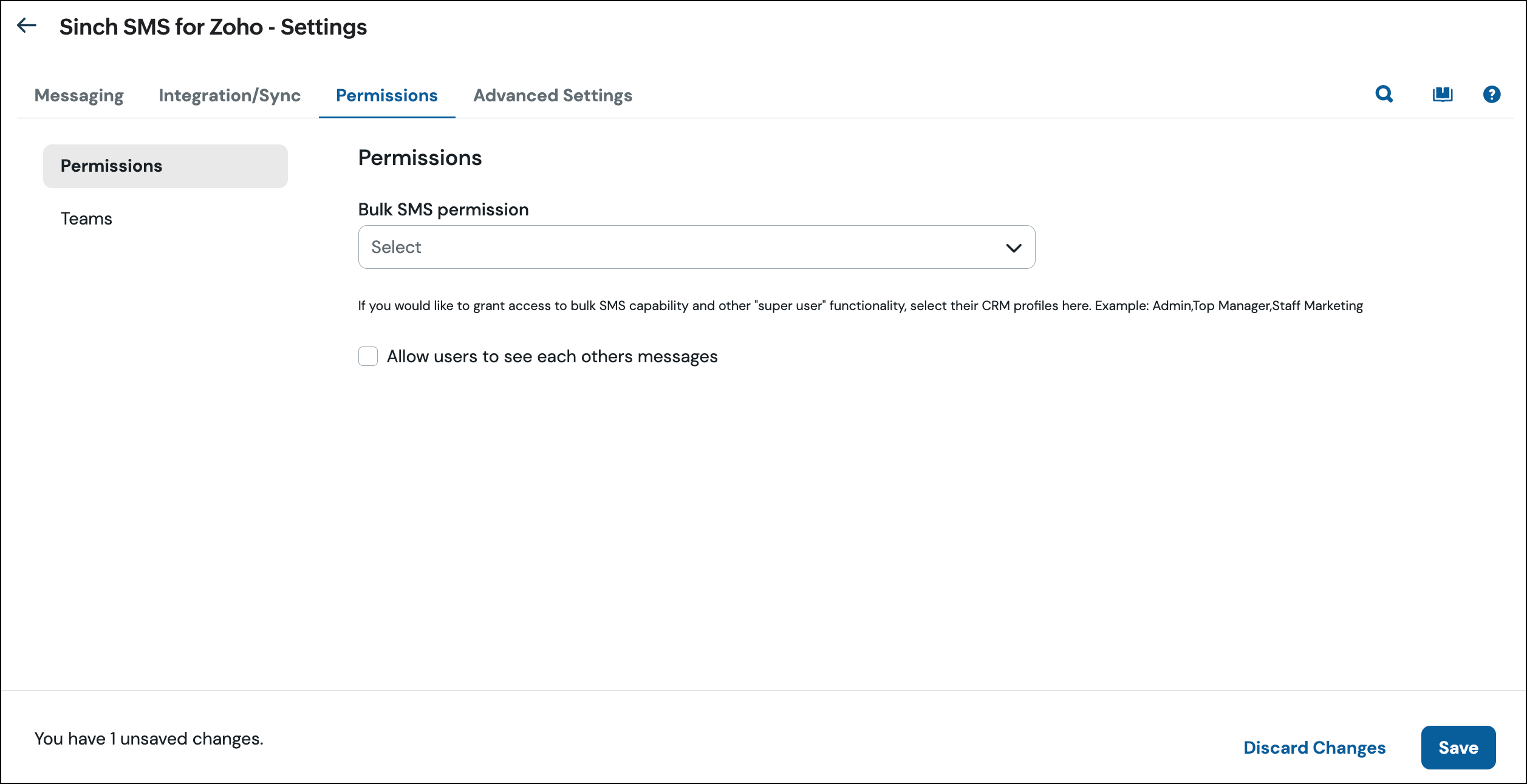 Einstellungen für Massen-SMS-Berechtigung.