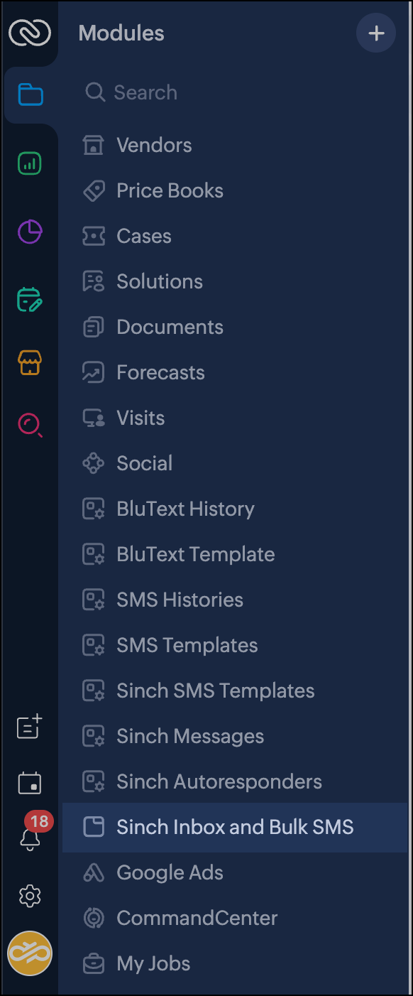 Sinch SMS for Zoho CRM en la sección de módulos.