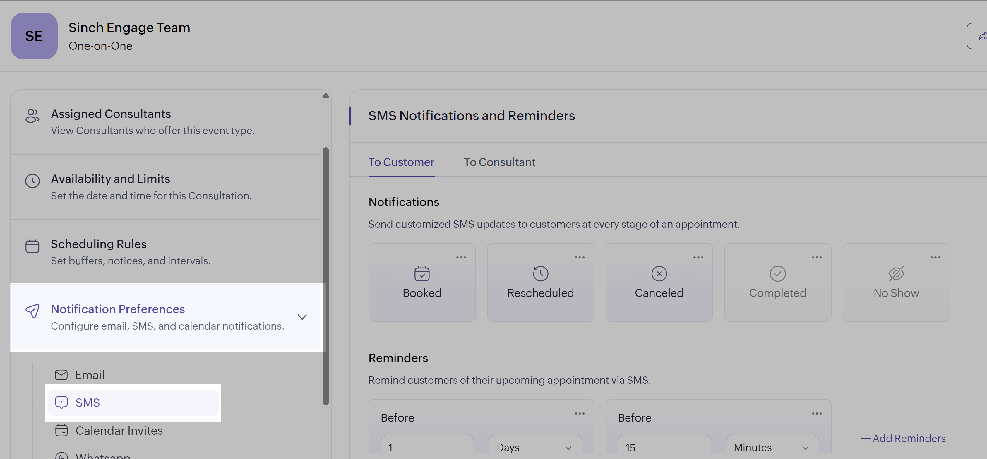 Preferencias de notificación en Zoho Bookings.