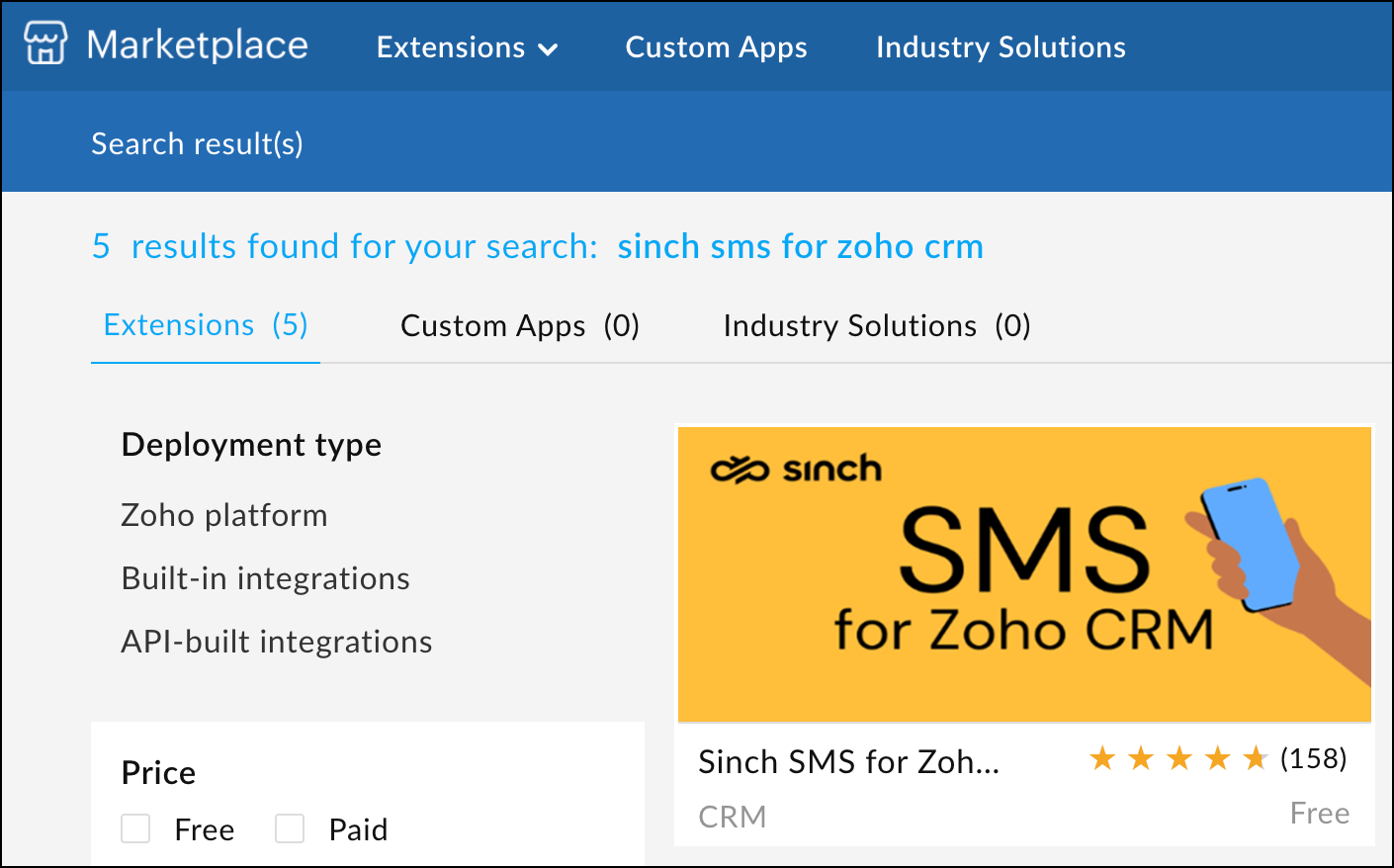 Buscar Sinch SMS for Zoho CRM en el marketplace de Zoho.