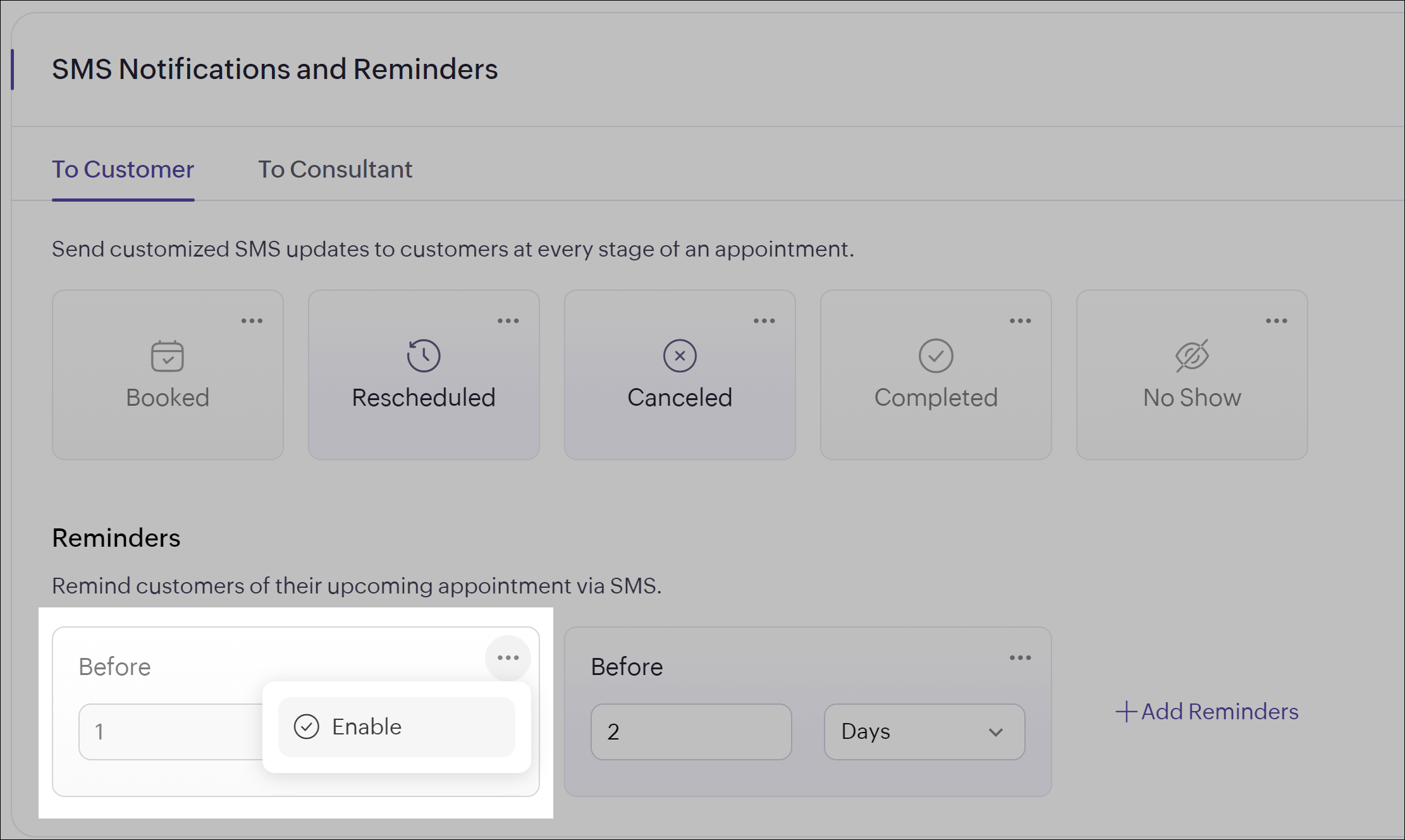 Activar notificaciones y recordatorios por SMS en Zoho Bookings.