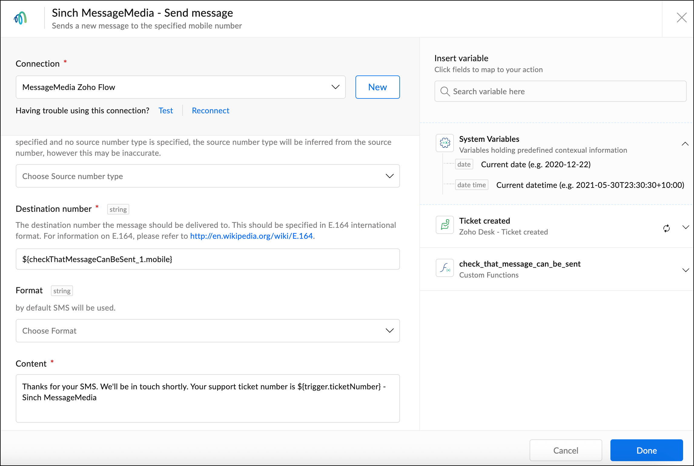 Configuration de l'envoi de message.