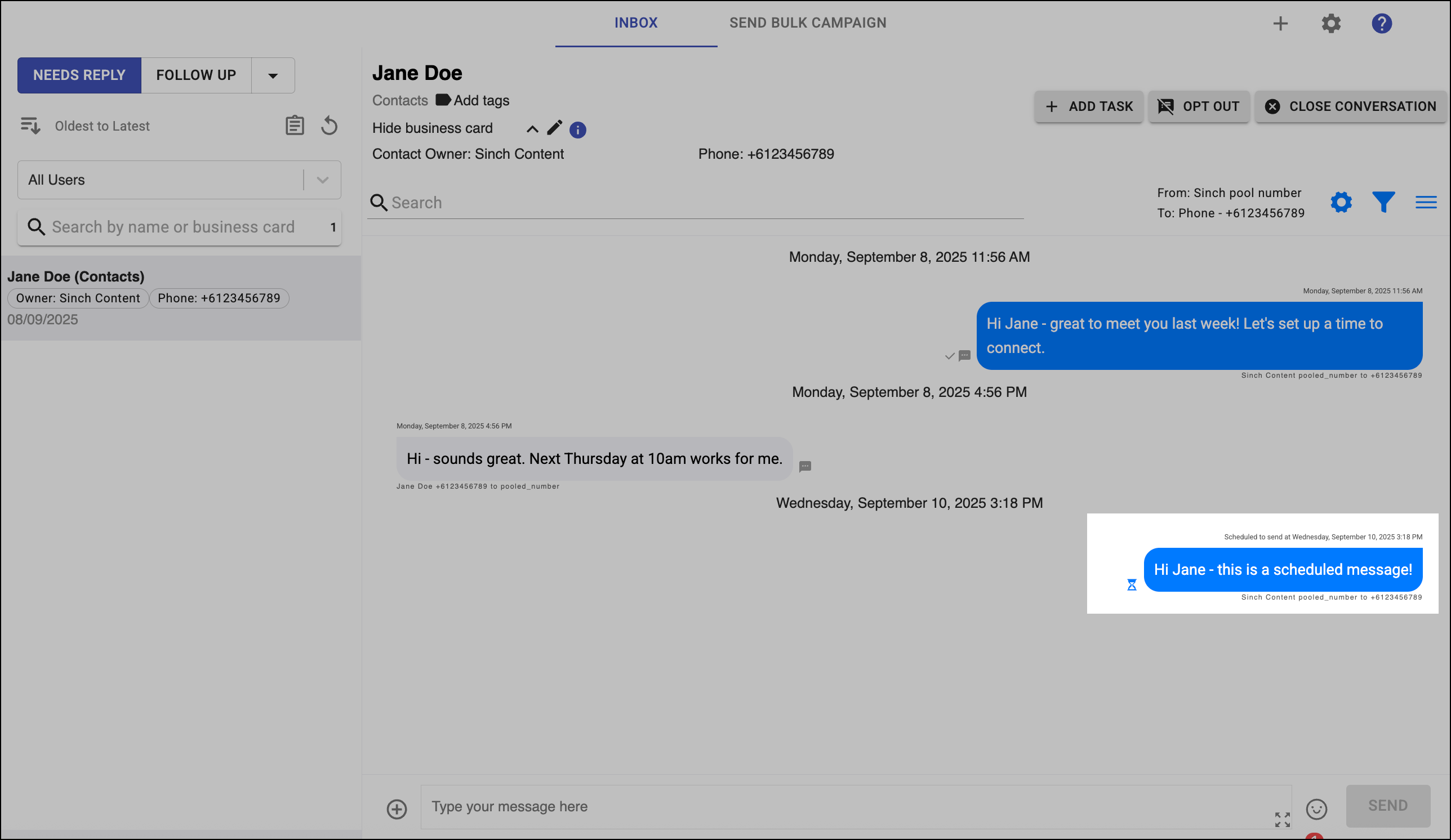 Cancelar un mensaje individual programado desde Sinch Inbox.