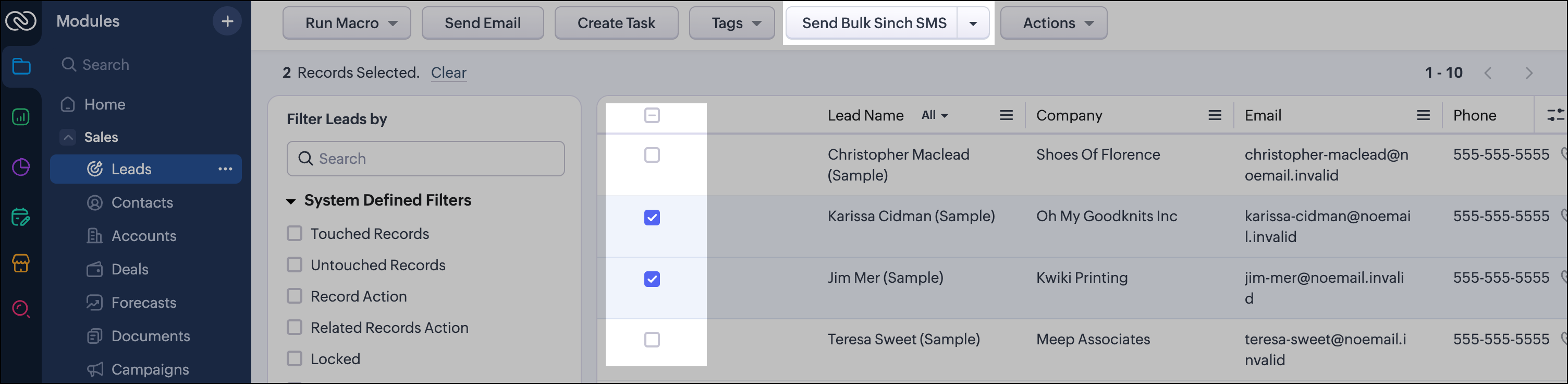 Leads für das Senden von Massen-Sinch-SMS auswählen.