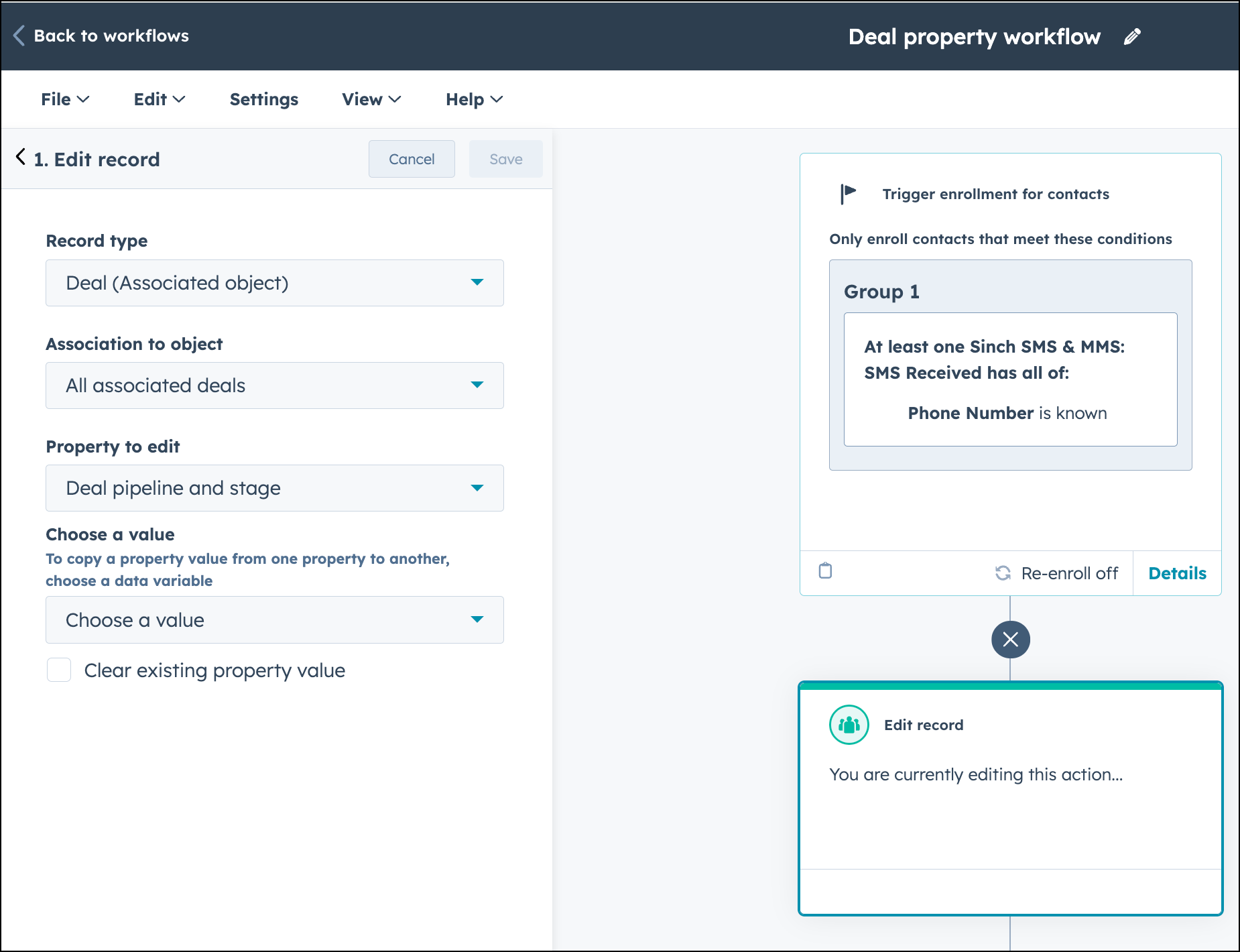Configurer l'enregistrement de l'offre dans le workflow HubSpot.