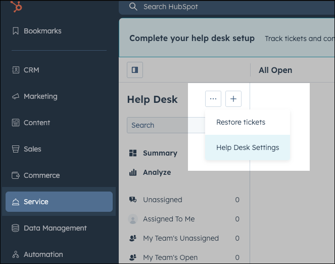 Accede a los ajustes de Help Desk desde la pestaña de Servicio.