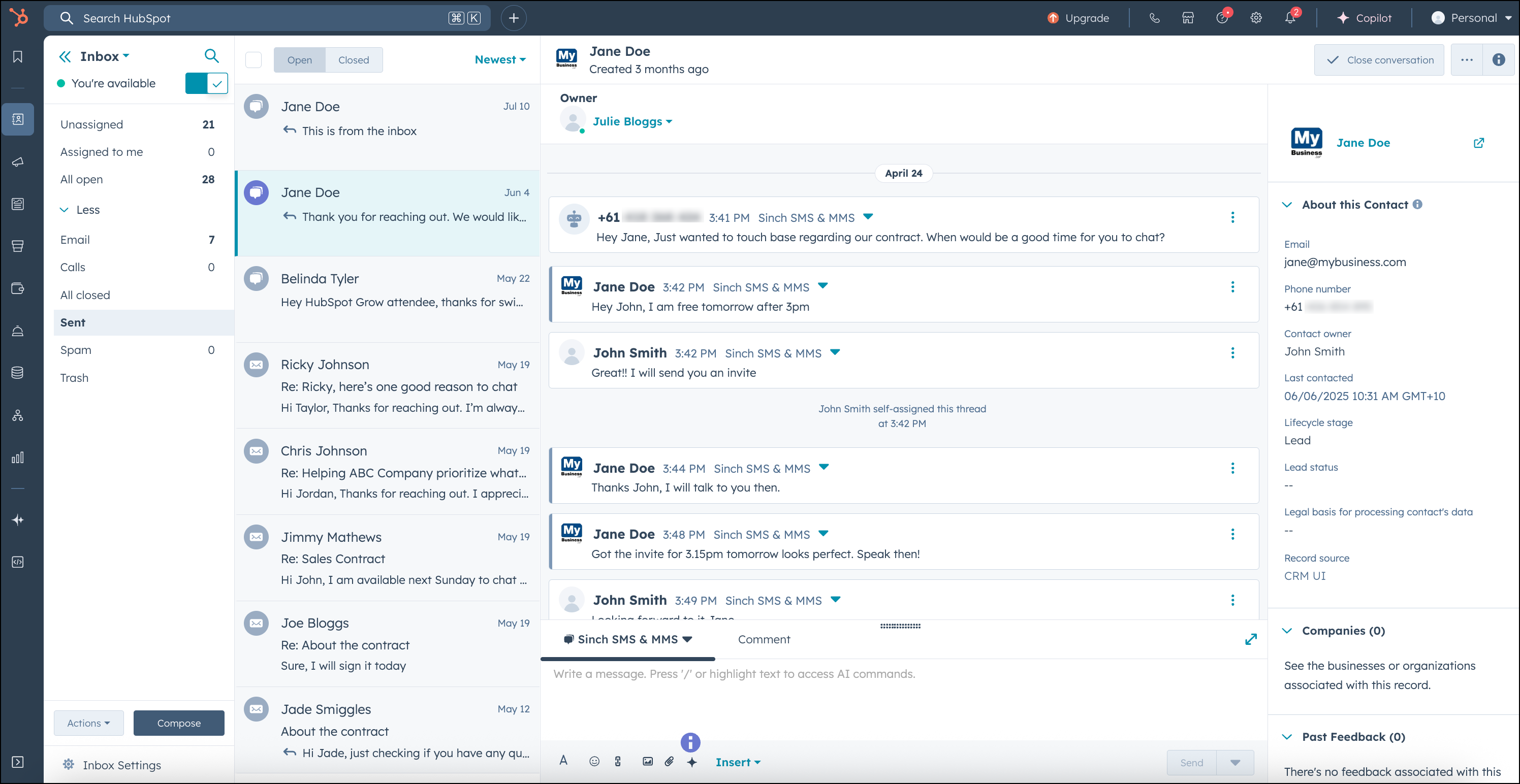 Pantalla "Enviados" de la bandeja de entrada de Conversaciones de HubSpot.