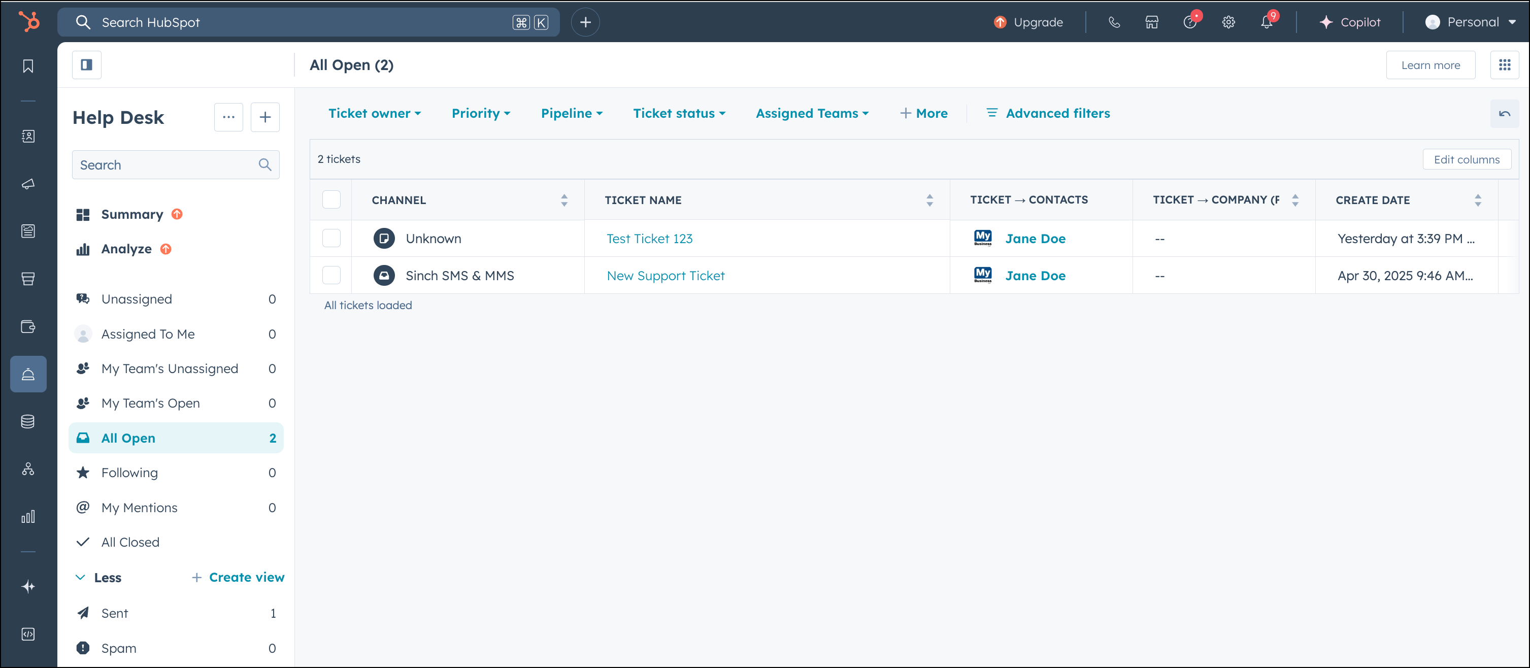 Pantalla de resumen de Help Desk de HubSpot.