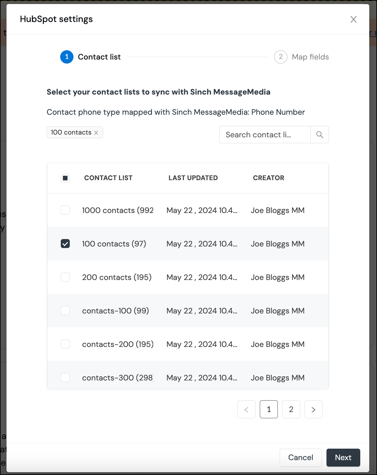 Ajustes de HubSpot con la opción de seleccionar las listas de contactos que deseas sincronizar. 