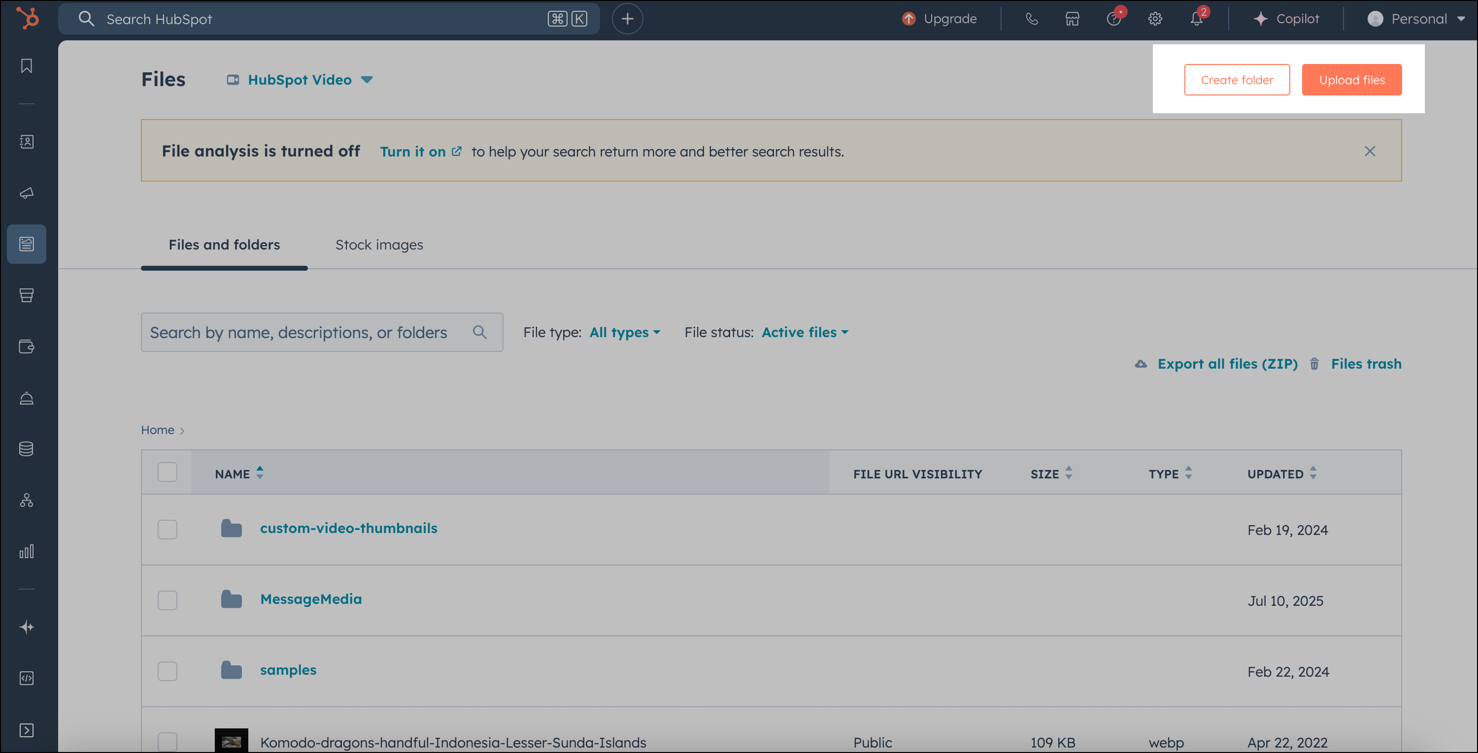 Biblioteca de archivos de HubSpot