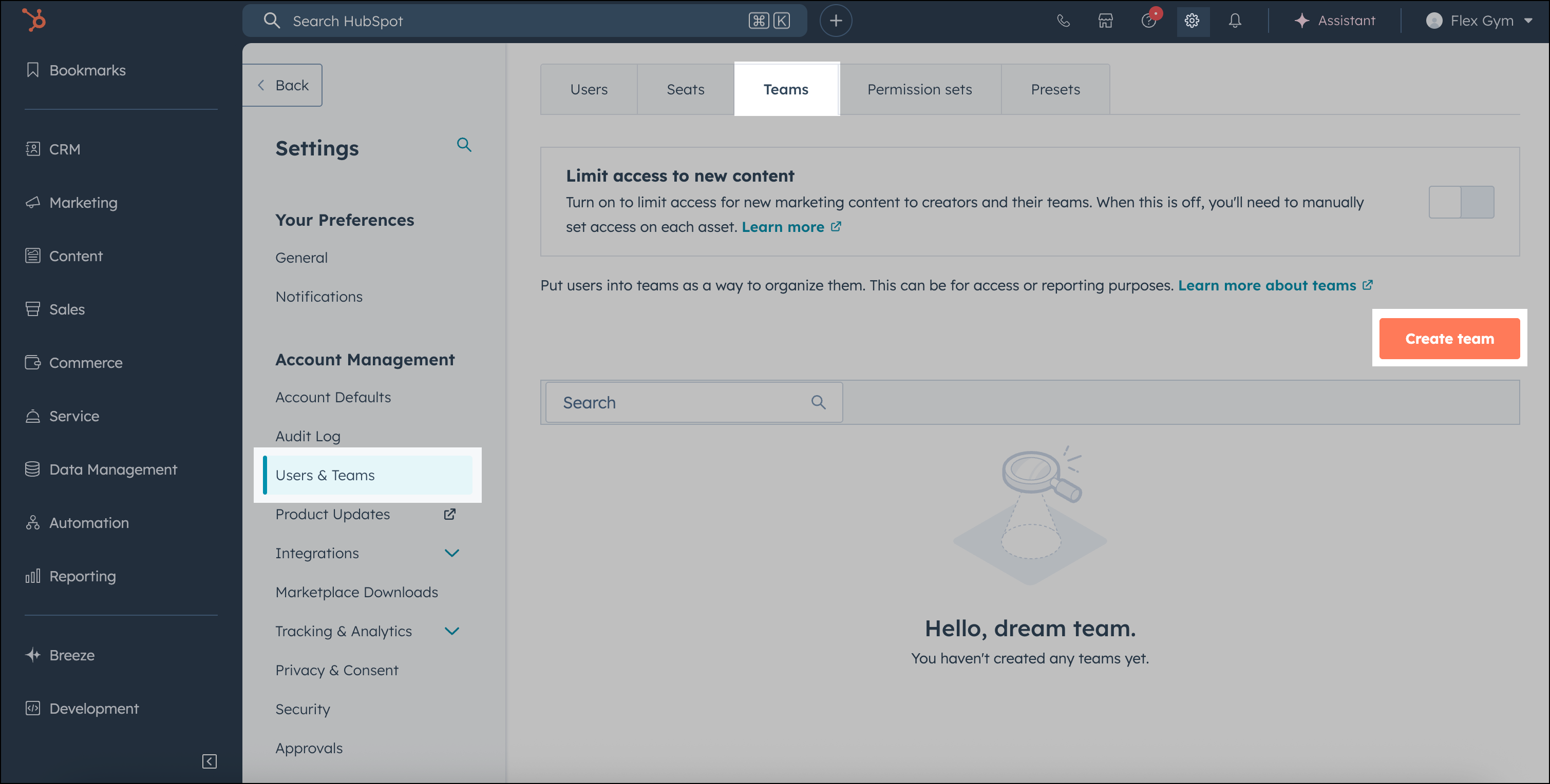 Crear un nuevo equipo en HubSpot.