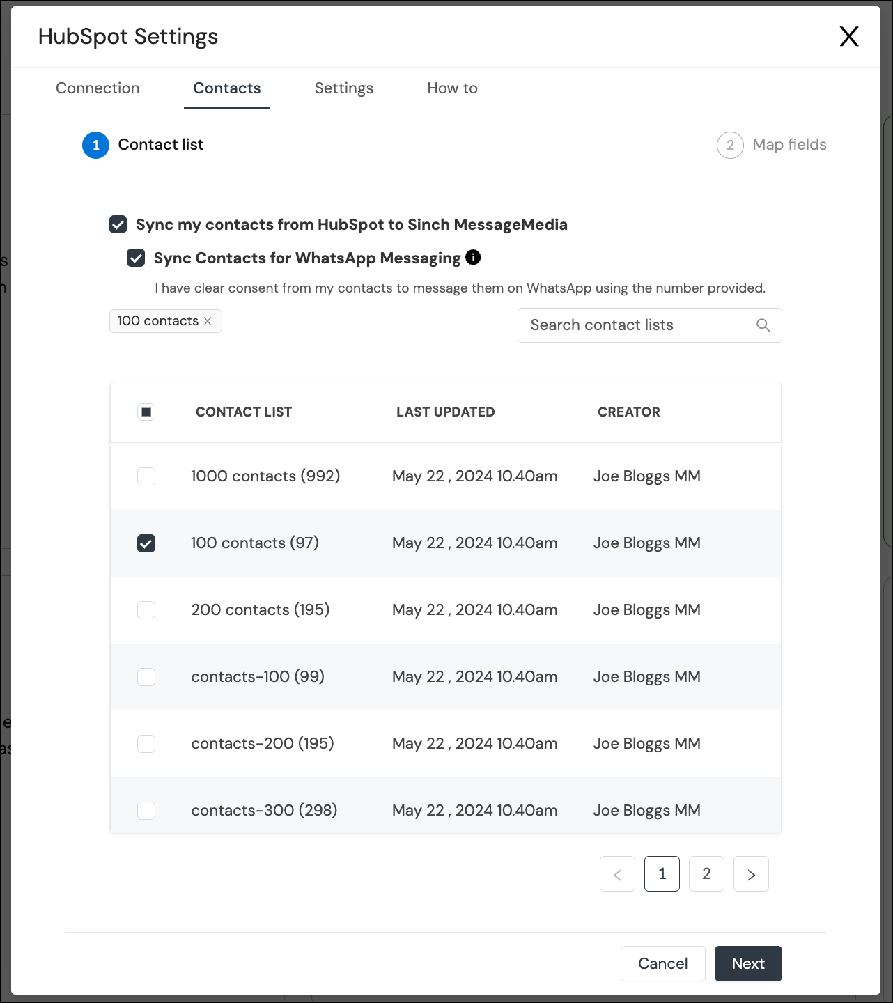Ajustes de HubSpot con la opción de seleccionar las listas de contactos que deseas sincronizar. 