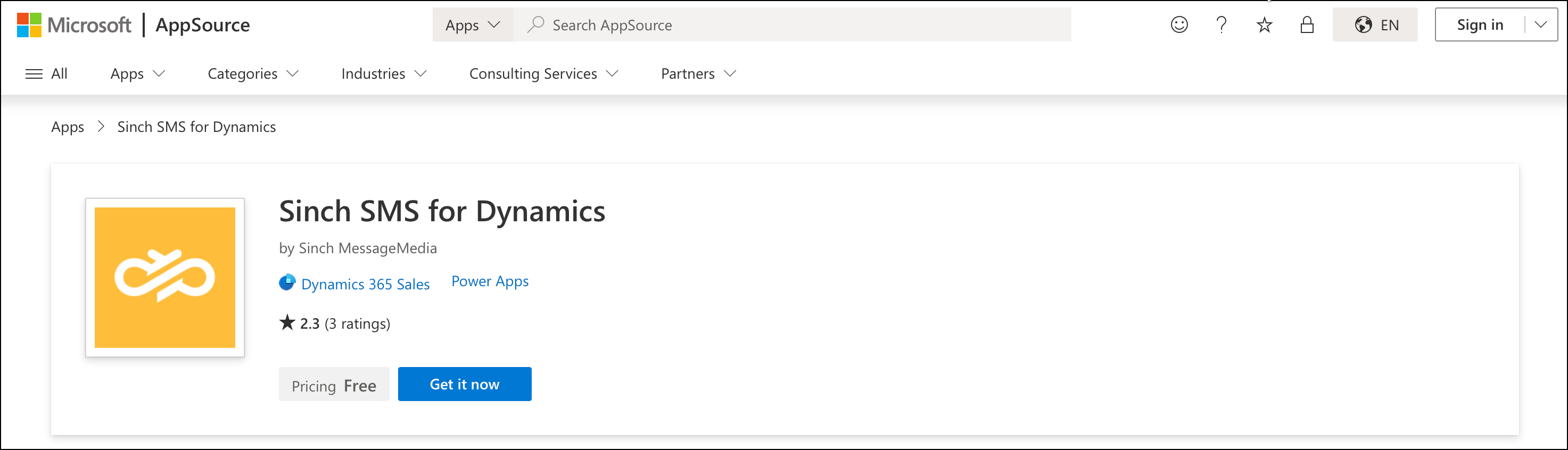 Installez Sinch SMS for Dynamics à partir du site web Microsoft AppSource.