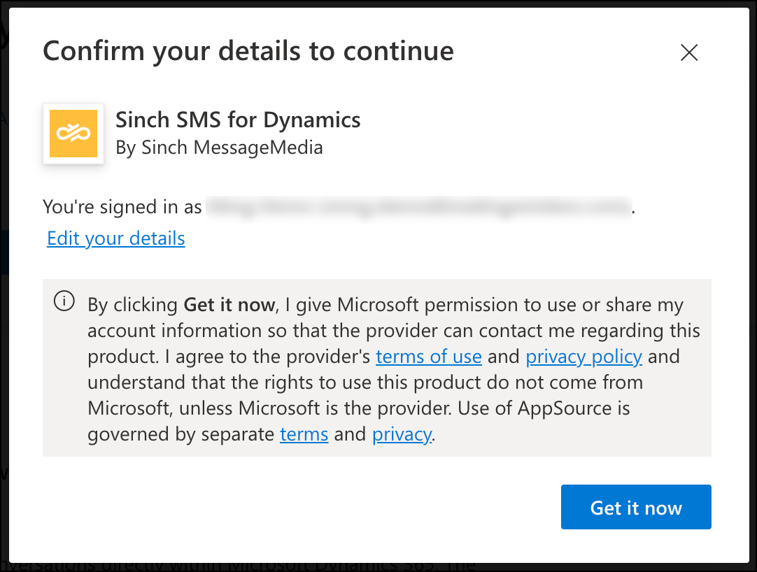 Fenêtre de confirmation lors de l'installation de Sinch SMS for Dynamics.