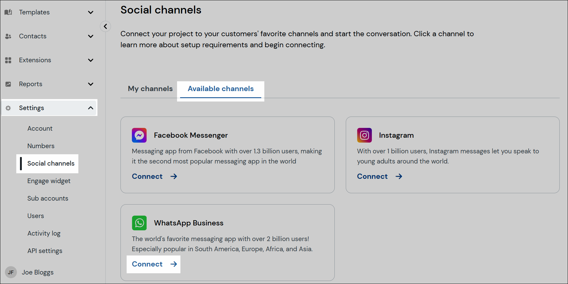 Navigation zum Verbinden von WhatsApp