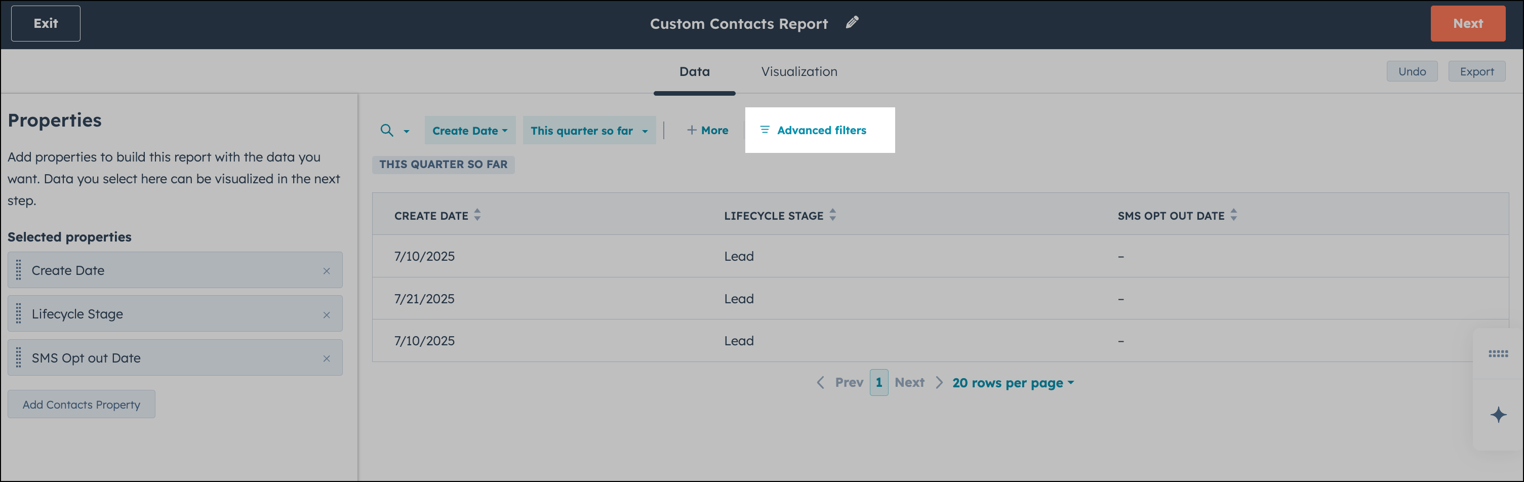 Cliquez sur Filtres avancés pour afficher plus d'options de filtrage dans le rapport HubSpot.
