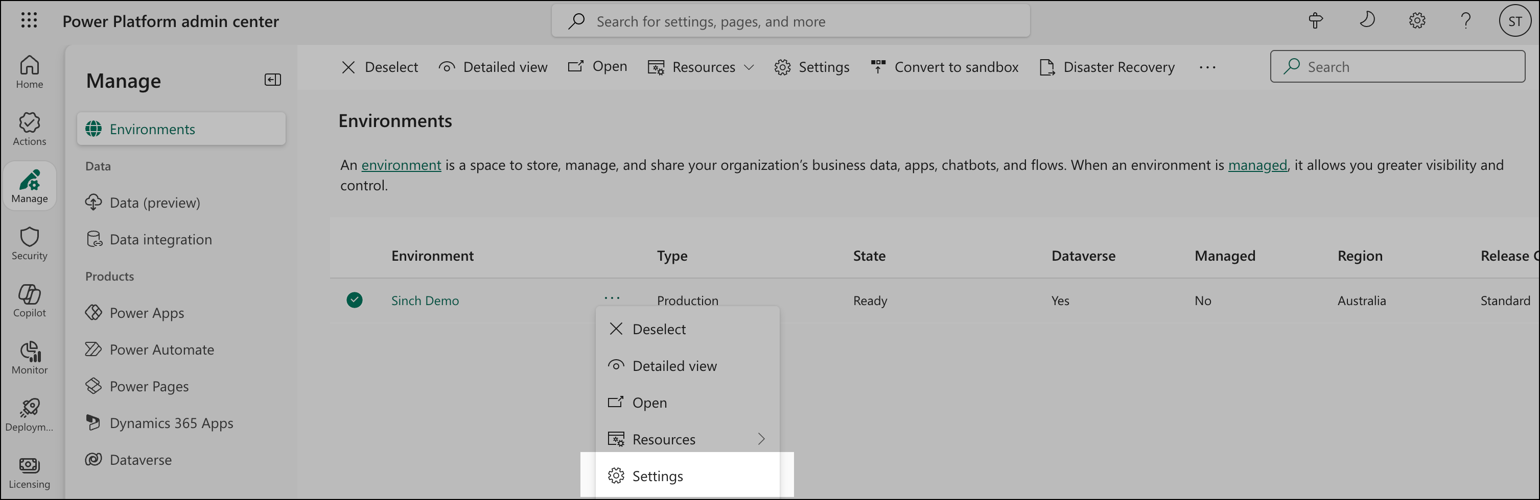 Verwalten Sie die Umgebung im Power Platform Admin Center.