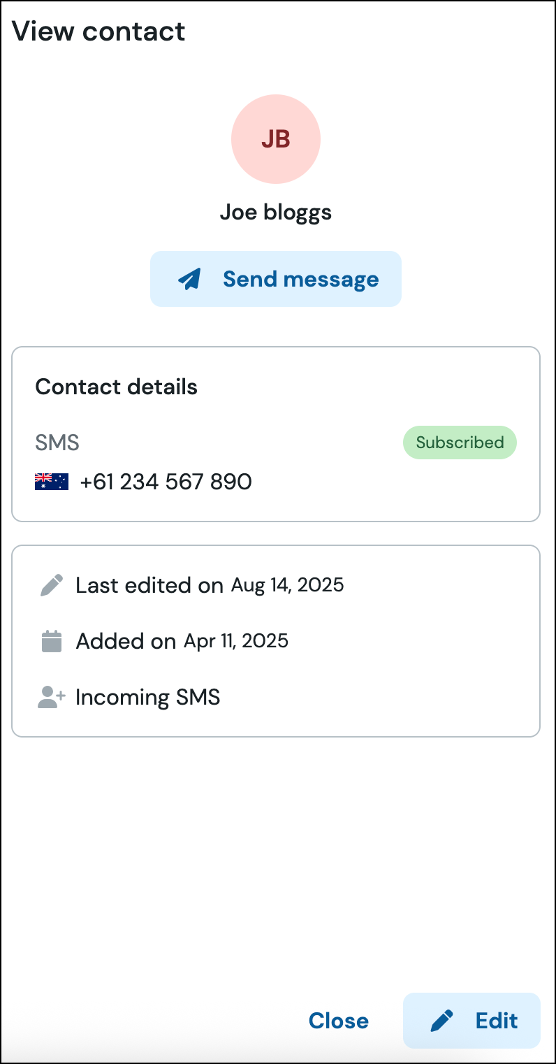 Registro del contacto en la plataforma de Sinch que muestra el estado de la Suscripción a SMS.