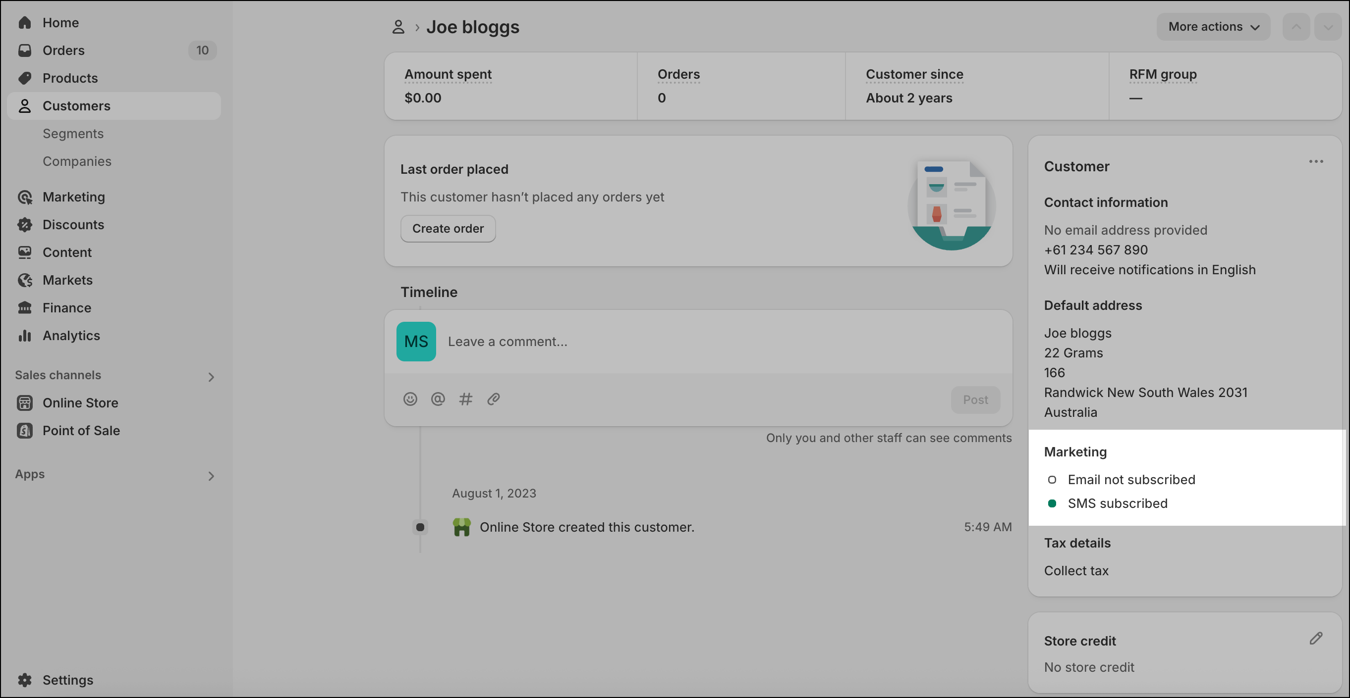 Cliente de Shopify suscrito a SMS.