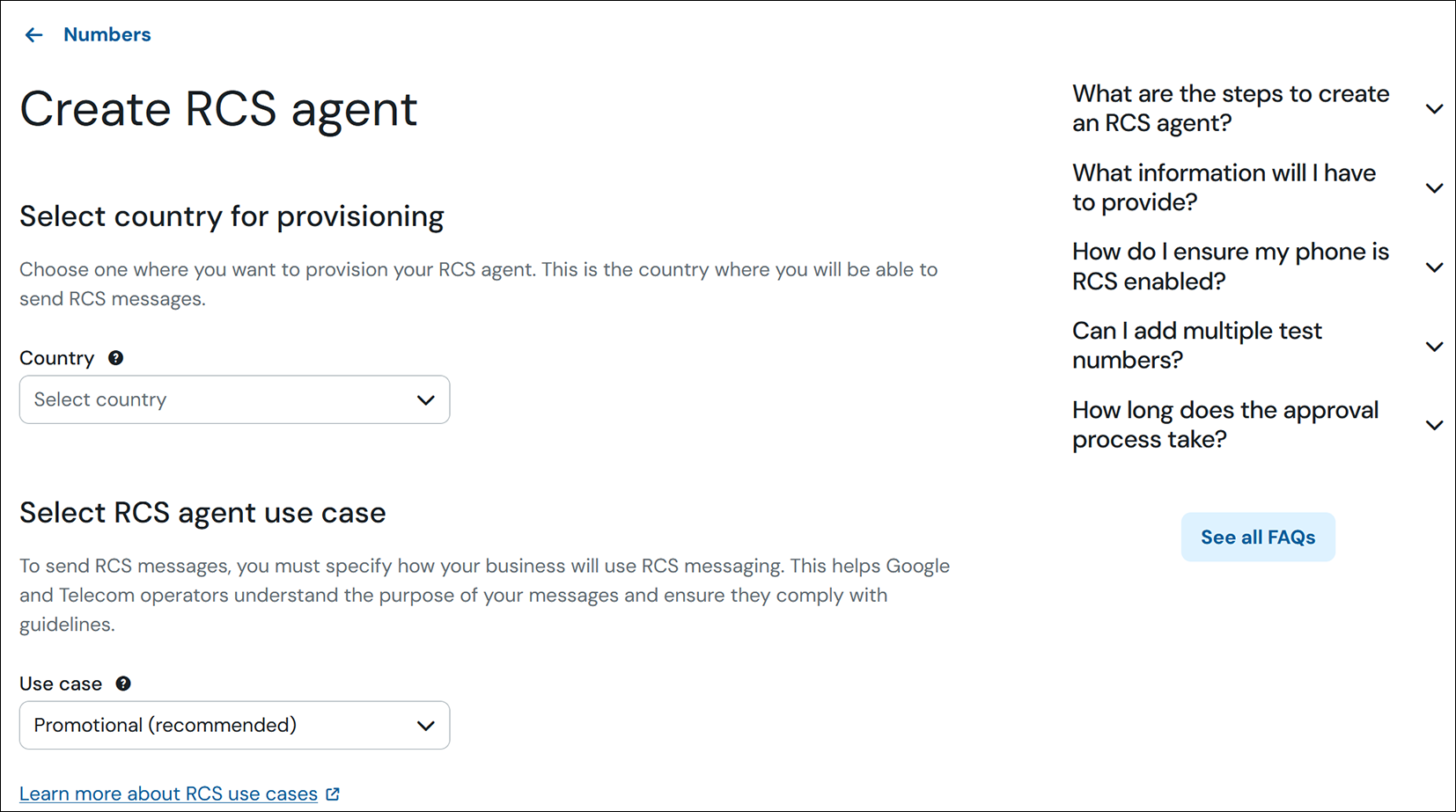 Capture d'écran de la page de création d'agent RCS où le pays et le cas d'utilisation sont sélectionnés