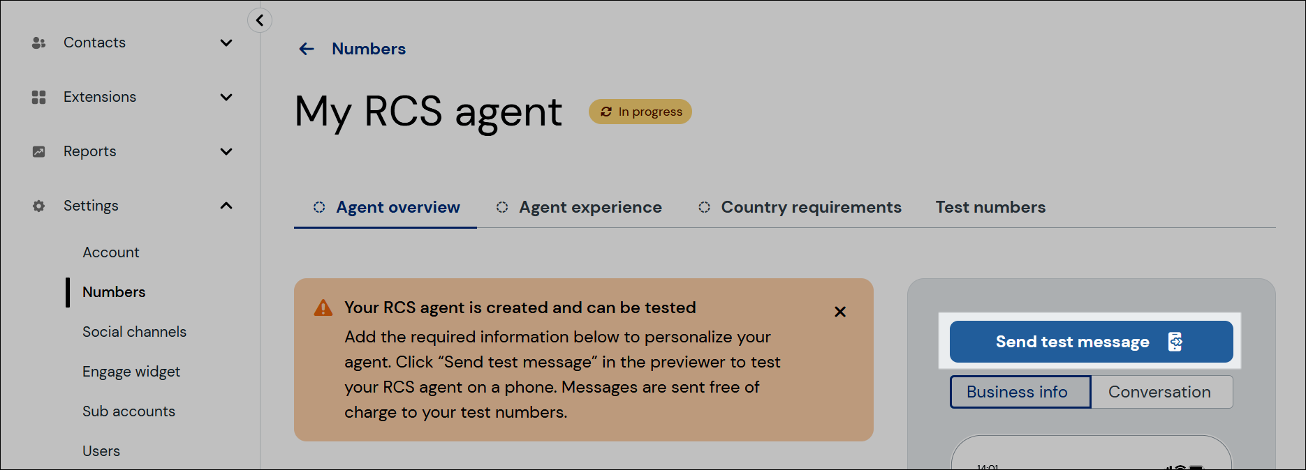 Capture d'écran de navigation pour l'envoi d'un message de test