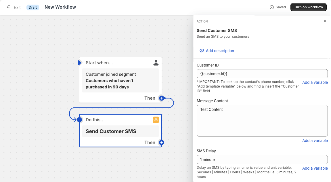 Configuration de l'action « Envoyer un SMS au client » dans Shopify Flow.