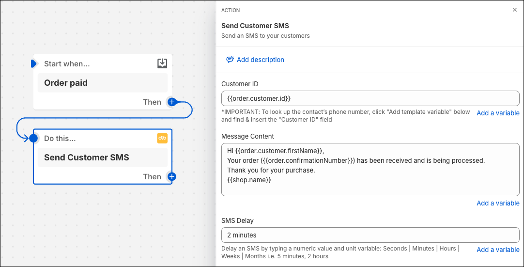 Configuration de l'envoi d'un SMS au client pour une commande payée dans le flux Shopify.
