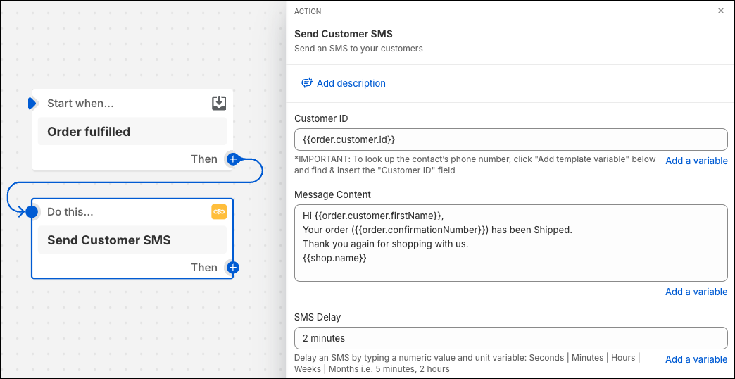 Configuration de l'envoi d'un SMS au client pour une commande exécutée dans le flux Shopify.