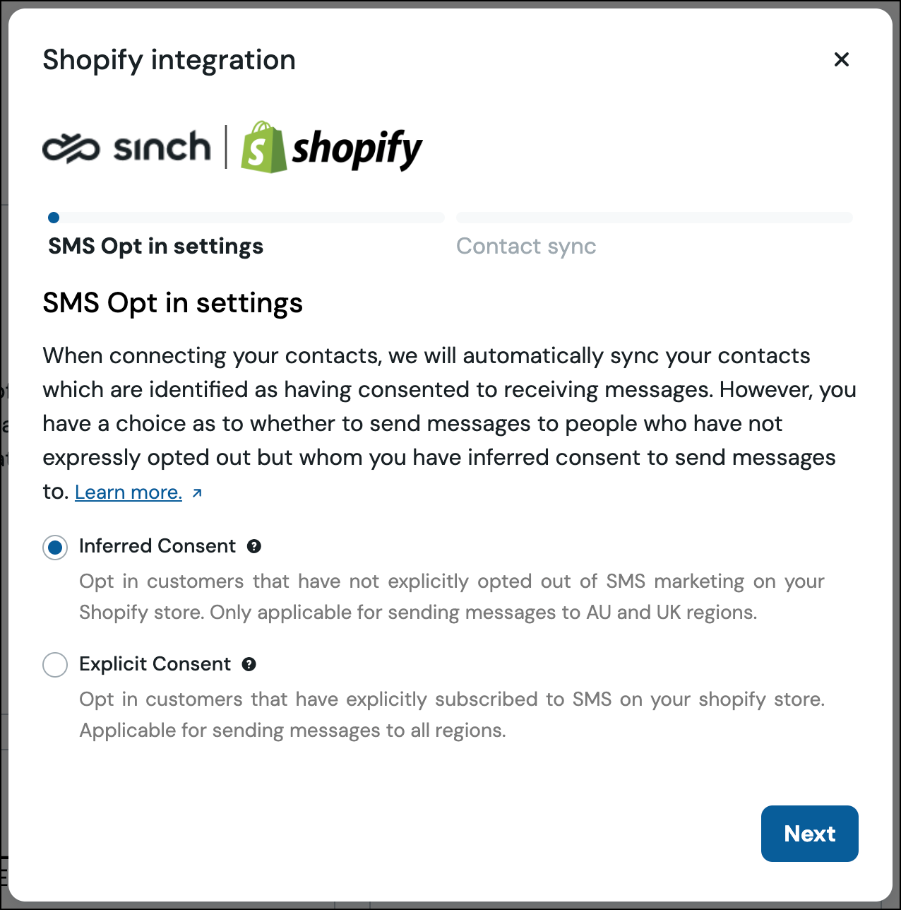 Connectez Shopify à Sinch et sélectionnez vos paramètres d'opt-in par SMS.