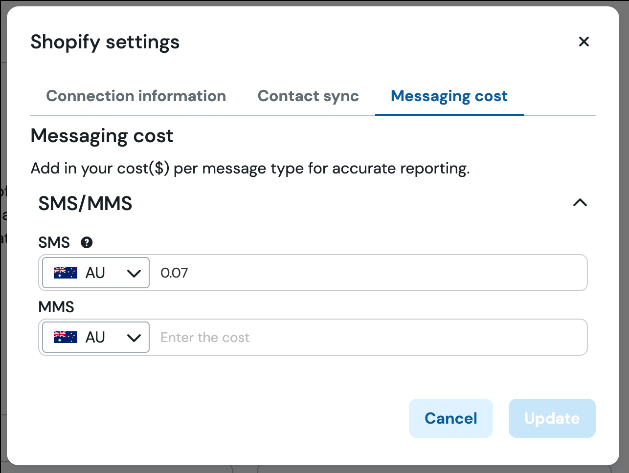 Onglet de mise à jour des coûts des messages dans les paramètres de Shopify de la plateforme Sinch.