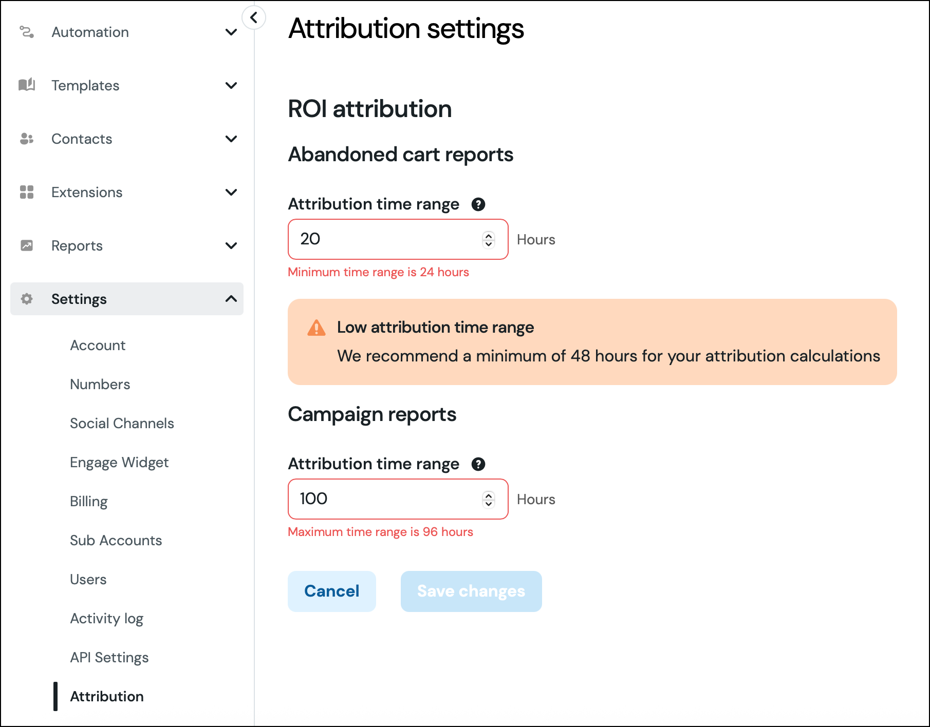 Paramètres d'attribution dans la plateforme Sinch.